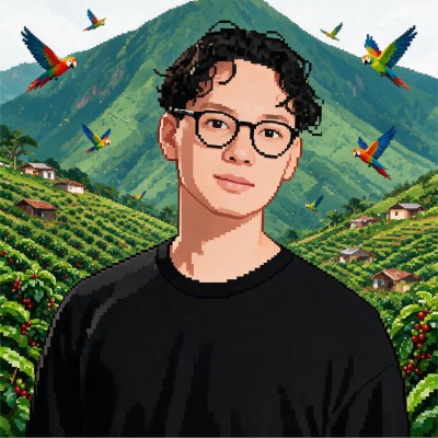 Pixel-art portrait of Nolberto Gonzalez against the mountains and coffee terraces of Colombia, with macaws in flight